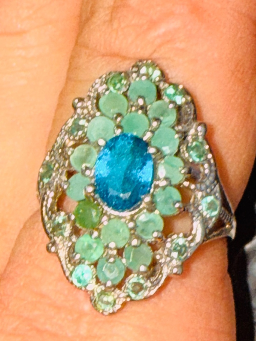 Ethiopian Blue Opal & Emerald vintage 
Ring 925 Silver 14K WG Sz8.5 - Picture 5 of 17